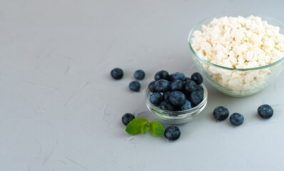 Blueberry and cottage cheese for breakfast. Selective focus. Close-up. Copy space.