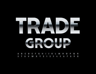 Vector business emblem Trade Group. Silver modern Font. Chrome Alphabet Letters and Numbers set
