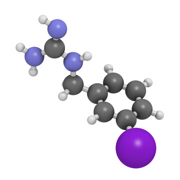 Iobenguane I-131 cancer drug molecule (radiopharmaceutical). 3D
