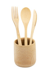 Bamboo wood cutlery, disposable fork, spoon,knife in bamboo cup made of natural material isolated on white background. Ecological concept.