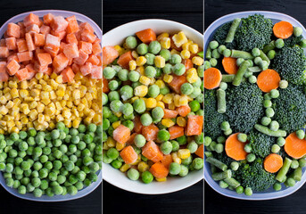 Collage of frozen vegetable in the box and bowl on the black wooden background. Top view. Close-up.