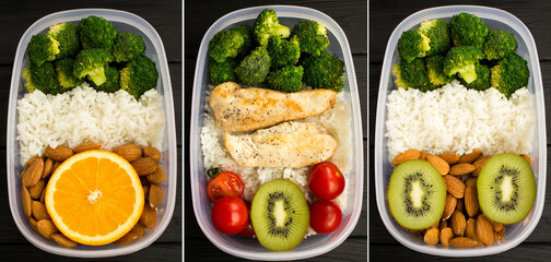 Collage of lunch box on the black wooden background. Close-up. Top view.