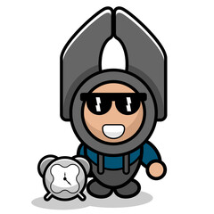 vector cartoon character simple doodle pliers cute mascot costume head with clock