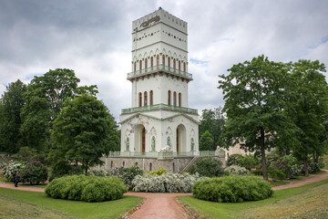 Fototapeta na wymiar The White Tower pavilion in the Alexander Park in the city of Pushkin near St. Petersburg