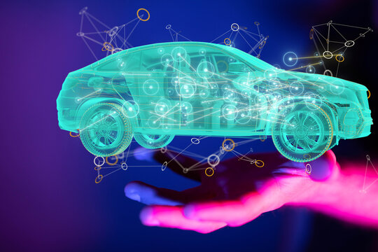 Autonomous car with HUD graphic of Navigation system driving