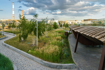 Sunset view of architecture park Tufeleva roscha, Moscow, Russia.