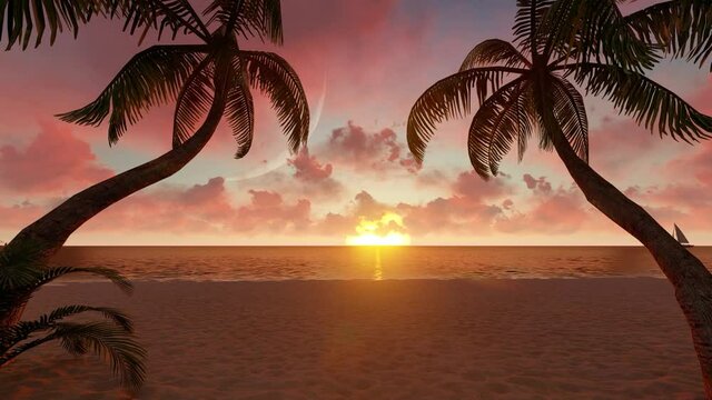 Beautiful tropical seascape sunset on beach 3d Animation