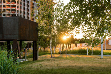 Sunset view of architecture park Tufeleva roscha, Moscow, Russia.