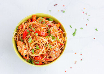 Shrimp Chow Mein  Made with Shrimp and Veggies Top  Down Close up Photo