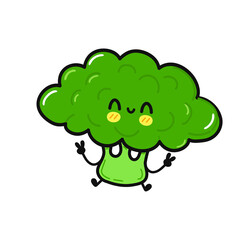 Cute funny jumping broccoli character. Vector hand drawn cartoon kawaii character illustration icon. Isolated on white background. Broccoli character concept