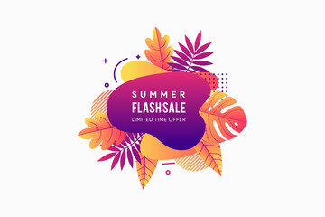 Fototapeta na wymiar Summer sale element banner template. Liquid abstract bubble with tropic leaf Tropical background and backdrop, Promo badge for seasonal offer, promotion, advertising. Vector illustration. 