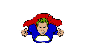 Super hero green hair man in cartoon comics book style. Pop art flying superhero vector illustration. Comics hero costume character in action pose.