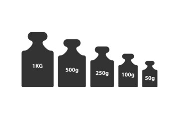 Kg weight mass black simple flat icon set. Old barbell press collection in flat design. Black silhouette isolated on white background. Weight pictogram. Metric system of units