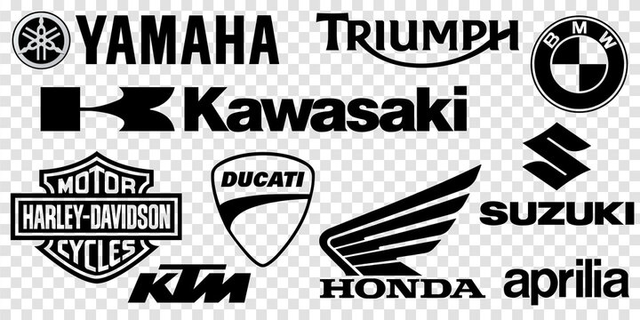 Vinnytsia, Ukraine - August 6, 2021. Motorcycle Brand Logo Set. Yamaha, Honda, Ducati, Kawasaki, Triumph, BMW, Harley-Davidson, Suzuki, Aprilia KTM Editorial vector icons 