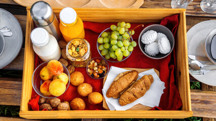 Top view of a table full of food and drinks