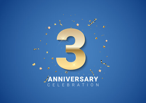 3 anniversary background with golden numbers, confetti, stars on bright blue background. Vector Illustration