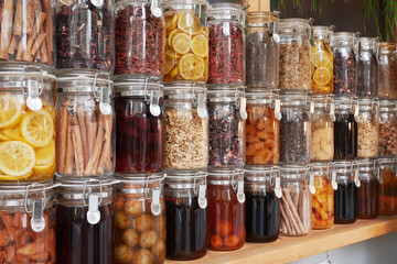 瓶に保存してあるいろいろな食材