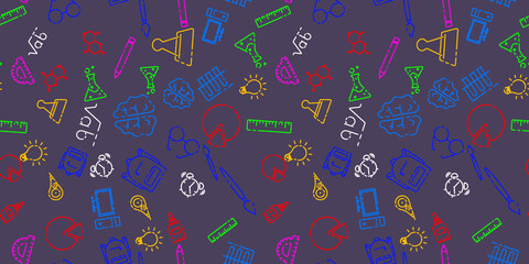 Back to School seamless pattern. Learning concept. Background with school signs. Vector illustration science texture.