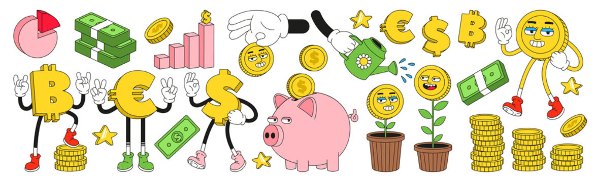 Financial literacy. Money, finance, business, investment sticker pack with funny cartoon abstract characters.