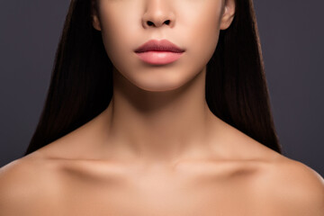 Cropped photo of charming calm fashion model lady demonstrate lips plastic surgery result isolated grey color background