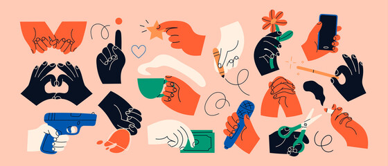 Big set of Colorful Hands holding stuff. Different gestures. Hands with cup, magic wand, banner, money, wine glass, microphone, star, etc. Hand drawn Vector illustration. All elements are isolated