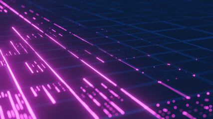 Abstract geometric blue background of squares and pink glow. 3d illustration