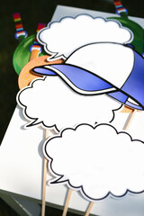 bright plates and attributes for inscriptions and photo sessions in the photo zone