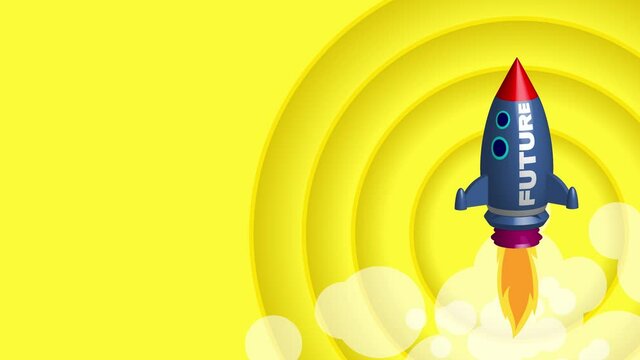 3D render of an ascending blue rocket with the word FUTURE and burning fire on a yellow background. Symbol for start up or business success. Video animation for website, presentation or social media.