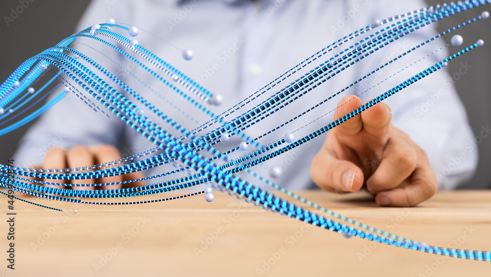 Poster Molecular background with DNA. Network with connecting dots and lines.