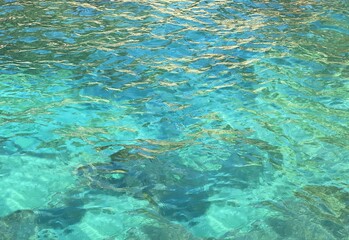 Sea blue turquoise water waves background. Rippled shiny water surface. Crystal clear ocean. Summer dream. Tropical paradise. Beautiful azure calm seascape. Clean shiny aqua.