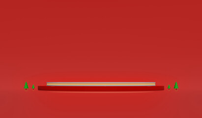 Christmas podium in red background blank for design. 3D rendering.