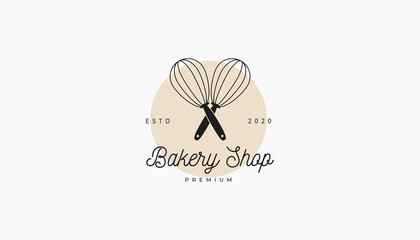 bakery cake shop logo feminine minimalist with egg beater whick icon design inspiration concept idea