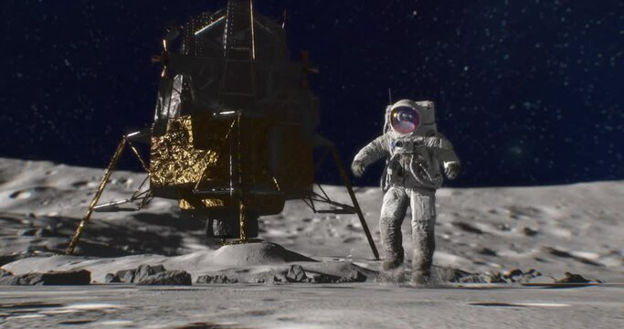 Landing on The Moon. An astronaut in space suit walking on Moon surface, watching planet Earth and stars of MIlky Way galaxy on background, Lunar module based behind