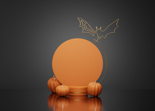 3D Halloween background pedestal podium on black, pumpkin display with gold and orange frame. Jack o lantern showcase, beauty cosmetic, product promotion. Abstract banner, spooky luxury 3D render 