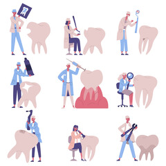 Stomatology orthodontics dental teeth care dentist characters. Dentist appointment, dental clinic patients vector illustration set. Dental care treatment