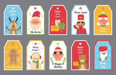 Christmas and New Year winter holidays gift tags. Merry Christmas Santa, bear, reindeer and snowman labels vector illustration set. Xmas gift boxes tags