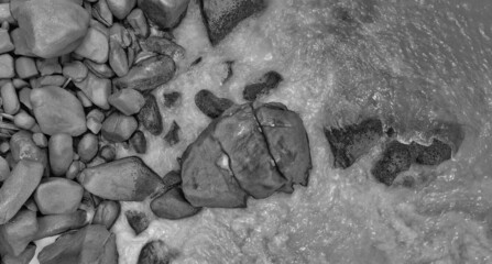 Overhead aerial view of Seychelles Beach with rocks, ocean landscape