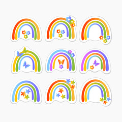 stickers rainbow vector set funny colorful flowers butterflies stars gradient