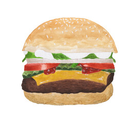 Hamburger isolated on white background. Watercolor illustration, fast food. For food design.