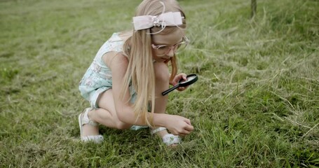 little girl examining discover with a magnifying glass nature plant looks