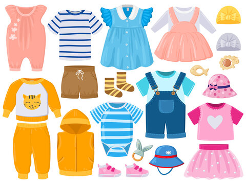 Cartoon baby kids girl and boy clothes, hats, shoes. Childrens fashion clothes, romper, shorts, dress and shoes vector illustration set. Baby cartoon outfits