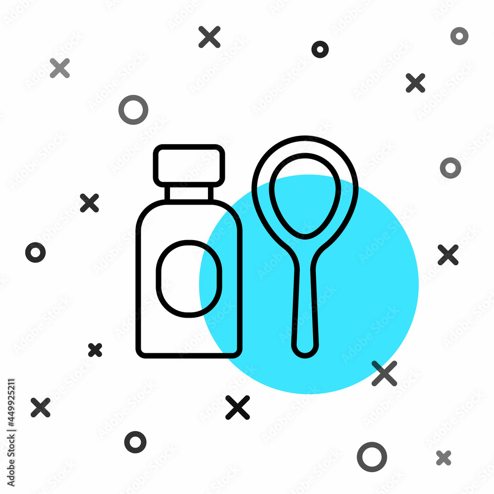 Poster black line soap bubbles bottle icon isolated on white background. blowing bubbles soap wand bottle. 