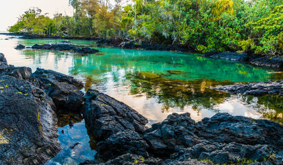 Clear Water and Lava Rock Shoreline, Carlsmith Beach Park, Hilo, Hawaii Island, Hawaii, USA