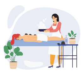 Obraz premium Spa wellness beauty center relaxing female client. Beauty salon procedures, relaxing wellness massage or body wraps vector illustration set. Beauty center concept