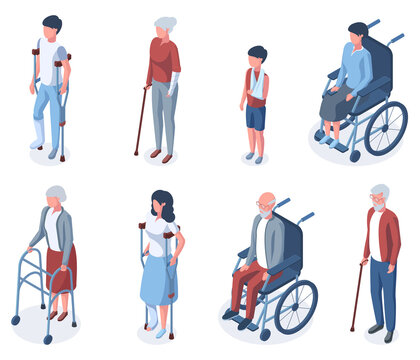 Isometric traumatised disabled elderly and young people. Humans on crutches or in wheelchair vector illustration set. Injury mixed age characters