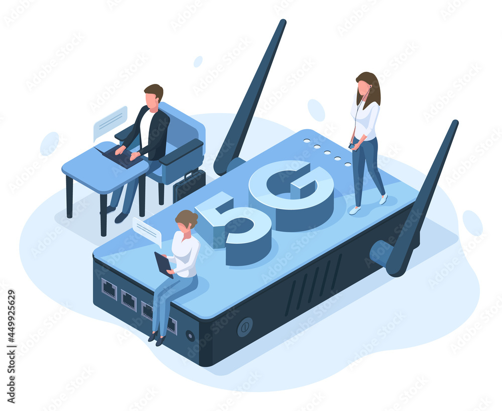 Poster isometric 5g mobile internet network connection concept. office people work with high speed internet