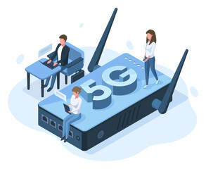 Isometric 5g mobile internet network connection concept. Office people work with high speed internet connection vector illustration. Network 5g connection technology