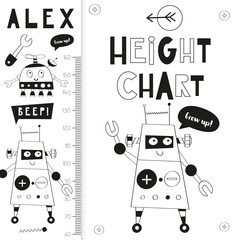 Coloring kids height chart with cute robots. Heights for school, kindergarten, nursery design. Vector illustration. Coloring page.