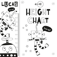 Coloring kids height measurement with cute robots. Heights for school, kindergarten, nursery design. Vector illustration. Coloring page.