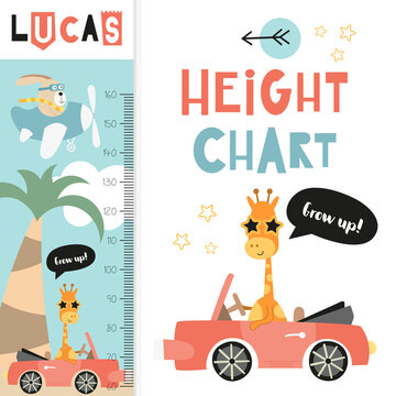 Kids height chart with cute jungle animals. Heights for school, kindergarten, nursery design. Vector illustration. Height scale with bunny, giraffe.